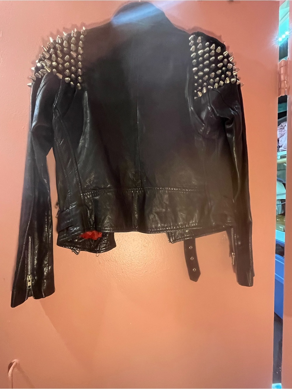 The Ragged Priest Black Leather Studded Moto Jacket with Red Lining - Picture 5 of 5